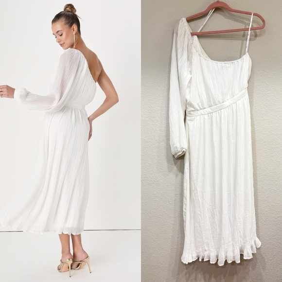 Size L Lulus Always Loving You White Pleated One-Shoulder Midi Dress - Picture 3 of 9